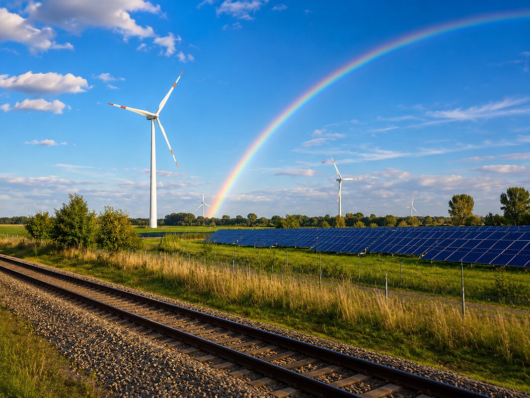 Wind turbines and solar panels generating clean renewable energy